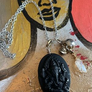 Silver and Black Ganesh Pendant Necklace